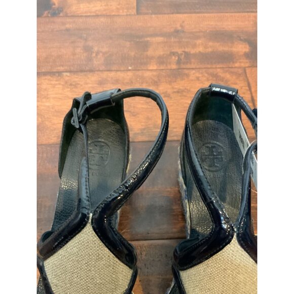 Tory Burch Navy Blue Patent Leather Tribal Espadrille Jute Wedge Sandals Size 9 - Picture 4 of 7